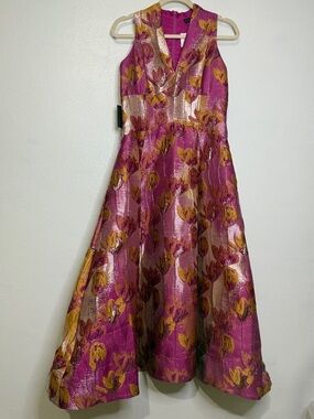 Zarr Collection Fuchsia & Gold Floral A-Line Dress. Sz 6. NWT.
